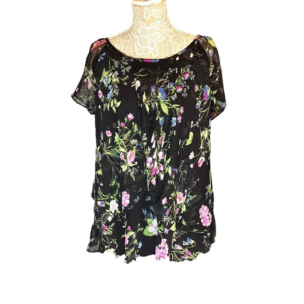 Roz & Ali Black Floral Flutter Short Sheer Sleeve Layered Blouse 1X